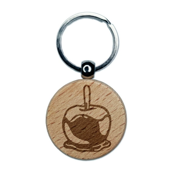 Caramel Candy Apple Round Keychain Charm Tag - Engraved Wood