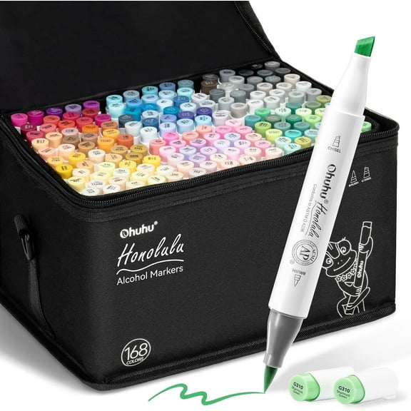 Ohuhu Alcohol Markers Brush Tip - 168-color Brush & Chisel Double Tipped Art Marker Set- Honolulu - Refillable Ink- New Color Codes