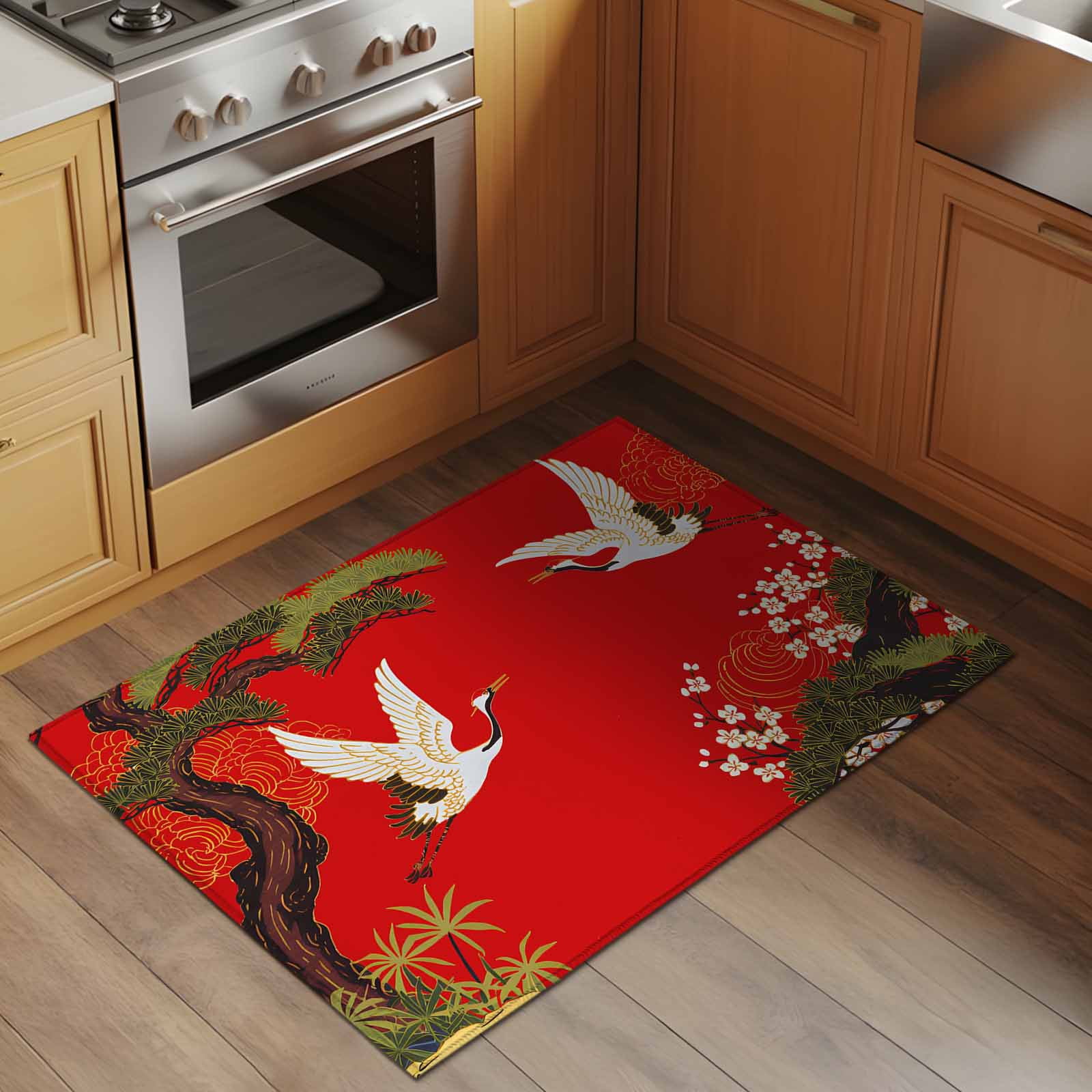 Area Rug 2x3ft, Retro Crane Pine Flower on Red Washable Rugs for Living Room Bedroom, Asian Chinese Pastoral Scenic Soft Non-slip Area Rugs Rectangle Floor Carpet for Dining Room