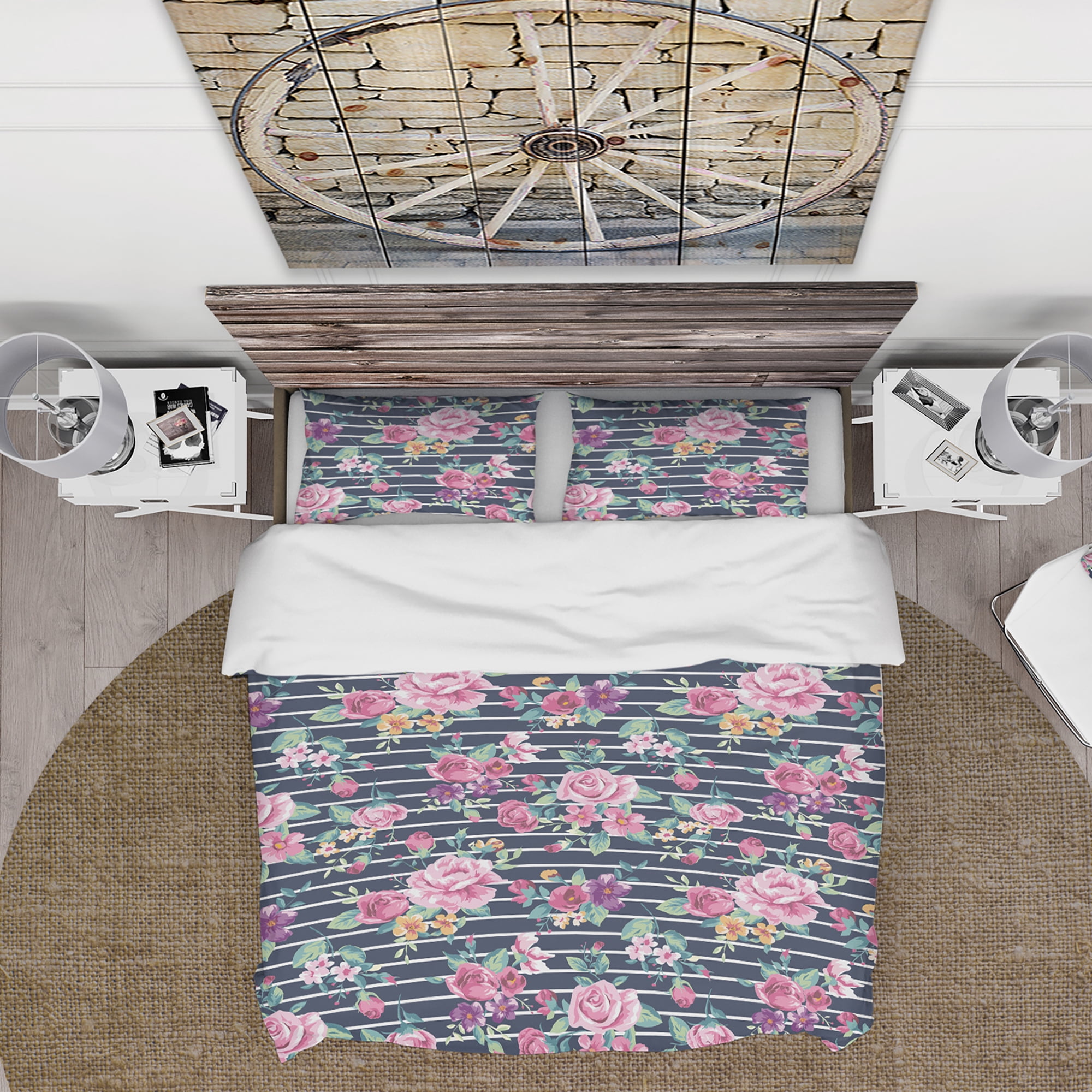 Designart 'Pink and Purple Flowers on Striped Background' Abstract Duvet Cover Set