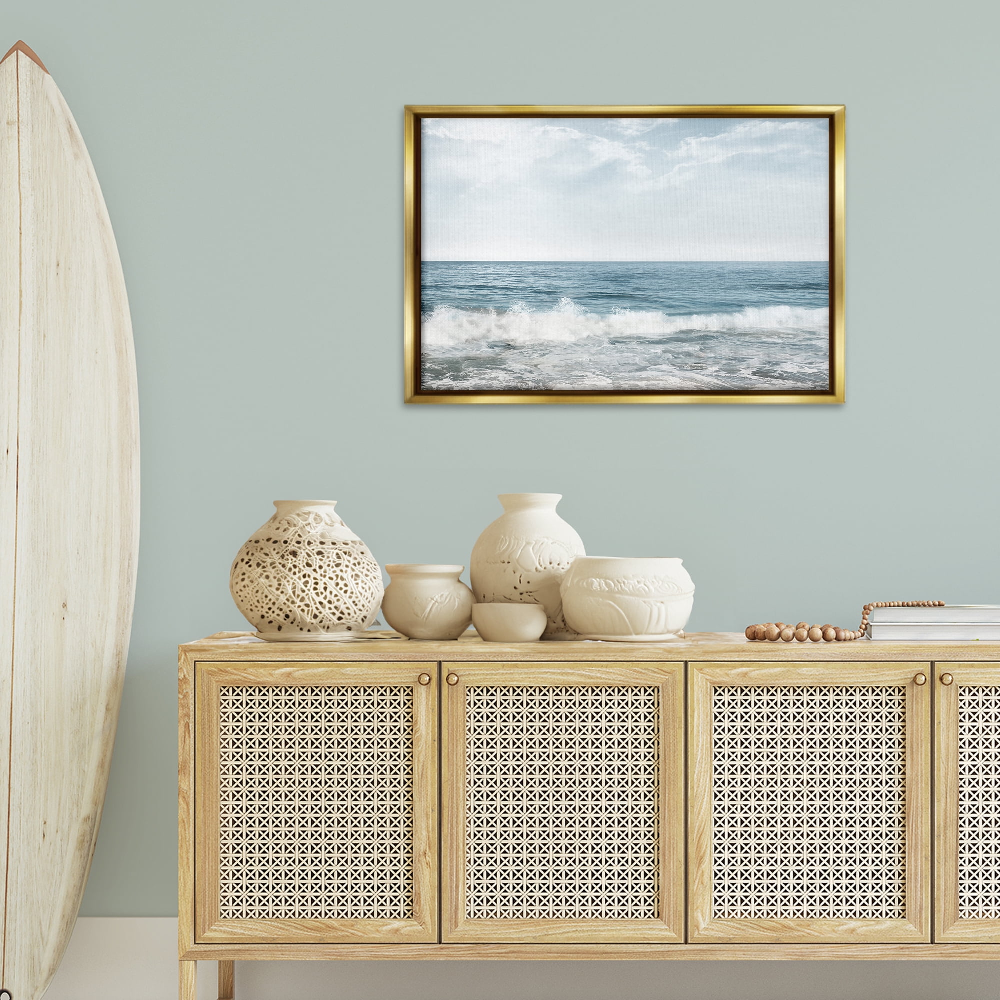 Stupell Industries Splashing Waves Beach Landscape Photography Gold Floater Framed Canvas Art Print Wall Art, 31 x 21