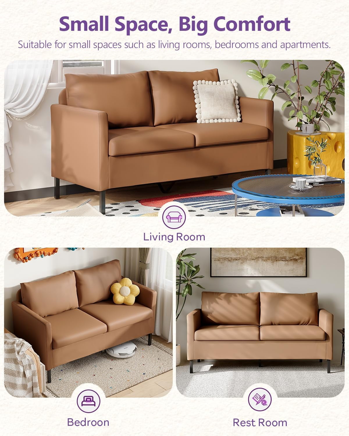 LAZZO 51" Modern Loveseat Sofa, 2-Seater Linen Fabric Couch for Bedroom & Office, Brown