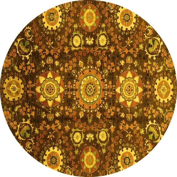 Ahgly Company Machine Washable Indoor Round Oriental Yellow Modern Area Rugs, 6' Round