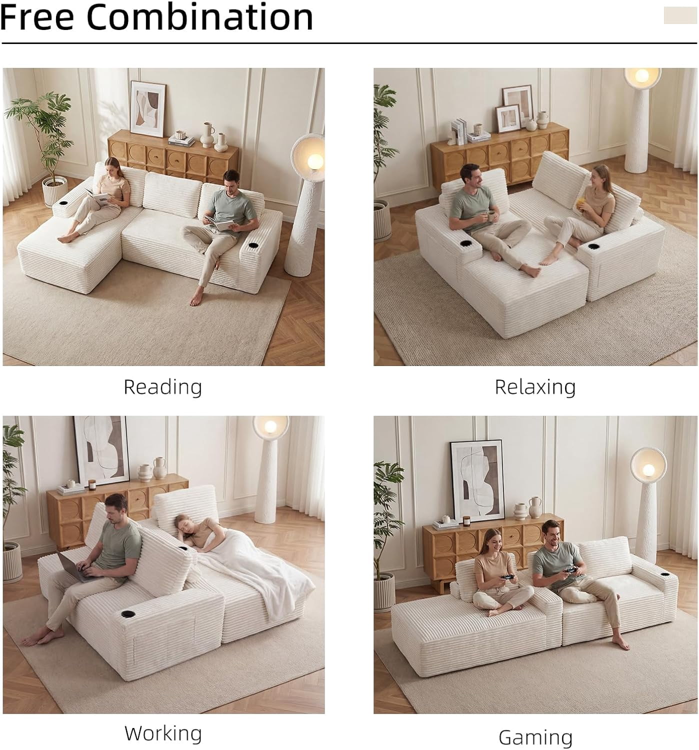 104" Cloud Modular Sectional Sofa, Corduroy Boneless L-Shape Chaise Couch with Deep Seat for Living Room Bedroom, No Assembly Required