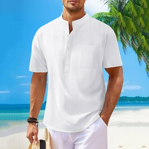 Aueoeo Men's Casual Summer Button Up Linen Shirts Short Sleeve Mock Neck Quarter Button Collar Beach Top with Pocket