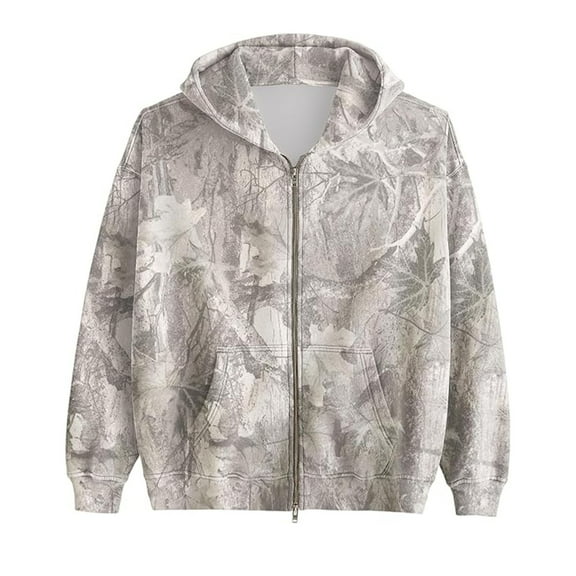 Womens Mens Camo Zip Up Hoodie Maple Leaf Print Oversized Hooded Sweatshirt Fleece Long Sleeve Jacket Light Gray L