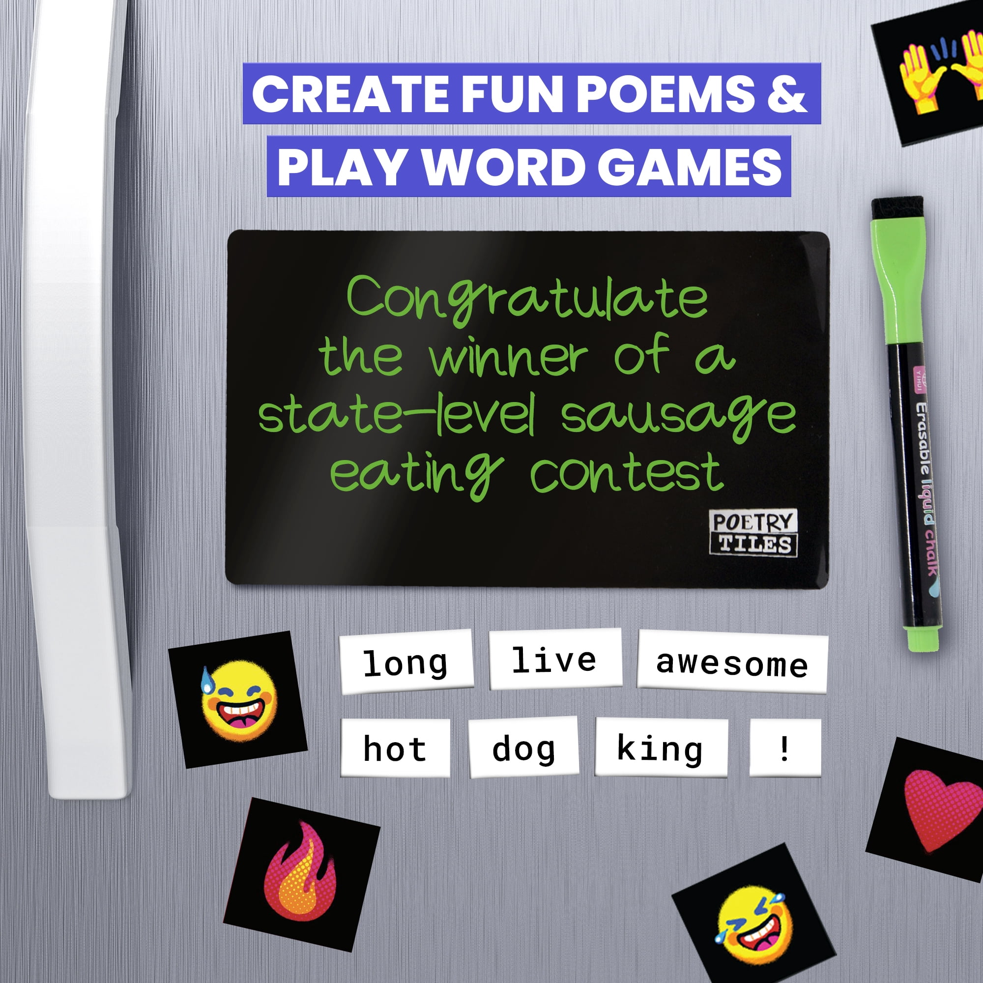 Poetry Tiles Ultramagnetic Fun Kit - Includes 6 Funny Fridge Poetry Games for Friends and Family - 700+ Words Magnets, Emojis, Header Tiles, Black Board, Liquid Chalk Pen, and Storage Bag