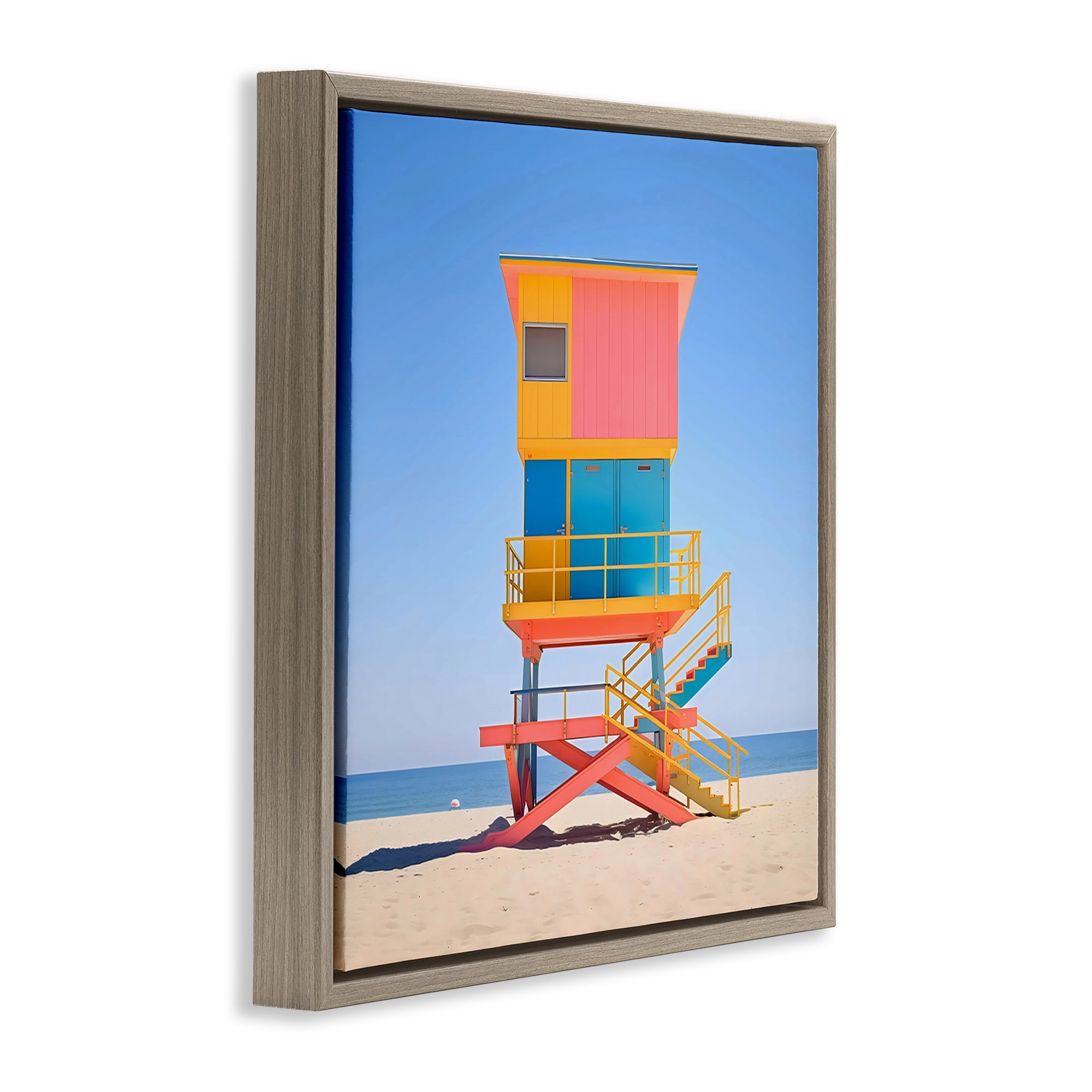 Stupell Industries Deco Lifeguard Tower on Beach Brown Framed Floater Canvas Wall Art, design by Creative Studio