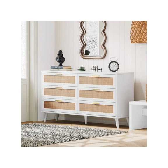 Cómoda de 6 Cajones Cómoda Moderna de Madera con Tiradores Dorados, Mesita de Noche para Armario para Sala de Estar o Dormitorio