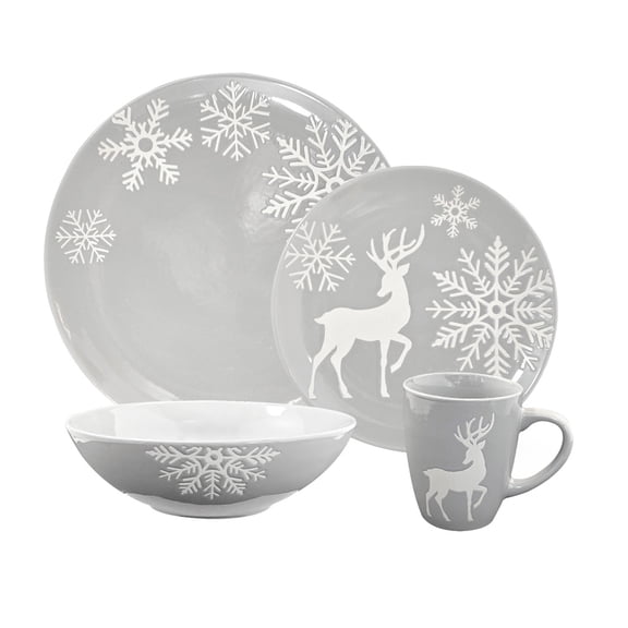 Vajilla De Cerámica Navideña Chefmaker Modelo Reno 16 Piezas Color Gris Con Diseño