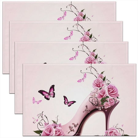 

Erosebridal Pink Rose Place Mats Set of 4 Romantic Valentine s Day Gifts Placemats for Kids Girls Women High Heels Butterflies Floral Table Mats Flowers Butterfly Waterproof Placemats 12x18 Inch