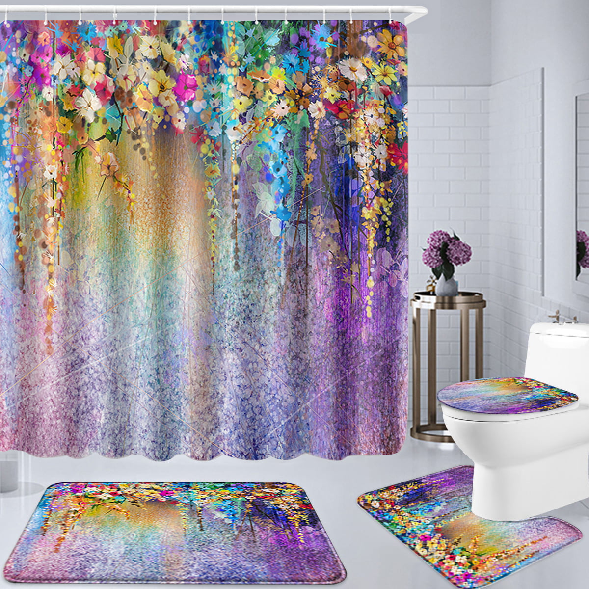 Waterproof Bathroom Seashell Shower Curtain+Bath Mat+Toilet Rug+Toilet Lid Cover 
