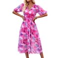 thumbnail image 2 of Women Sundress Summer Floral Short Sleeve Wrap V Neck A-Line Midi Dress Rose Red S, 2 of 9