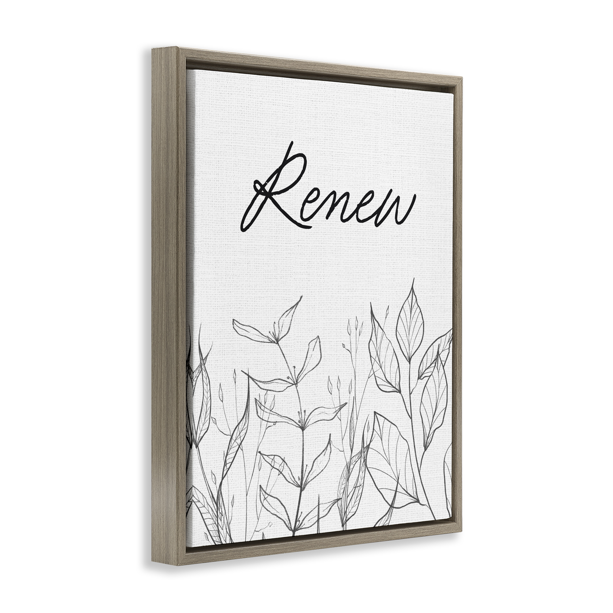 Renew with Leaf Outlines Brown Framed Floater Canvas Wall Art, design by Lettered and Lined