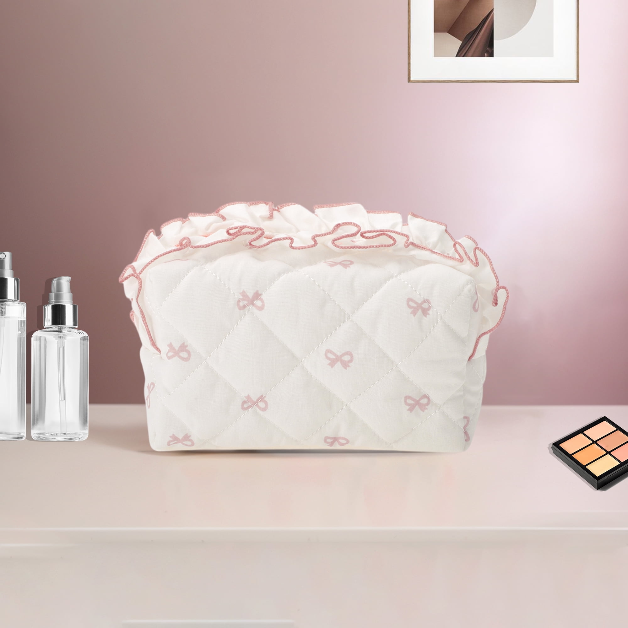 Unique Bargains 1 Pc Lace Bow Ruffles Makeup Bag for Everyday Use 3.94 in  Pink
