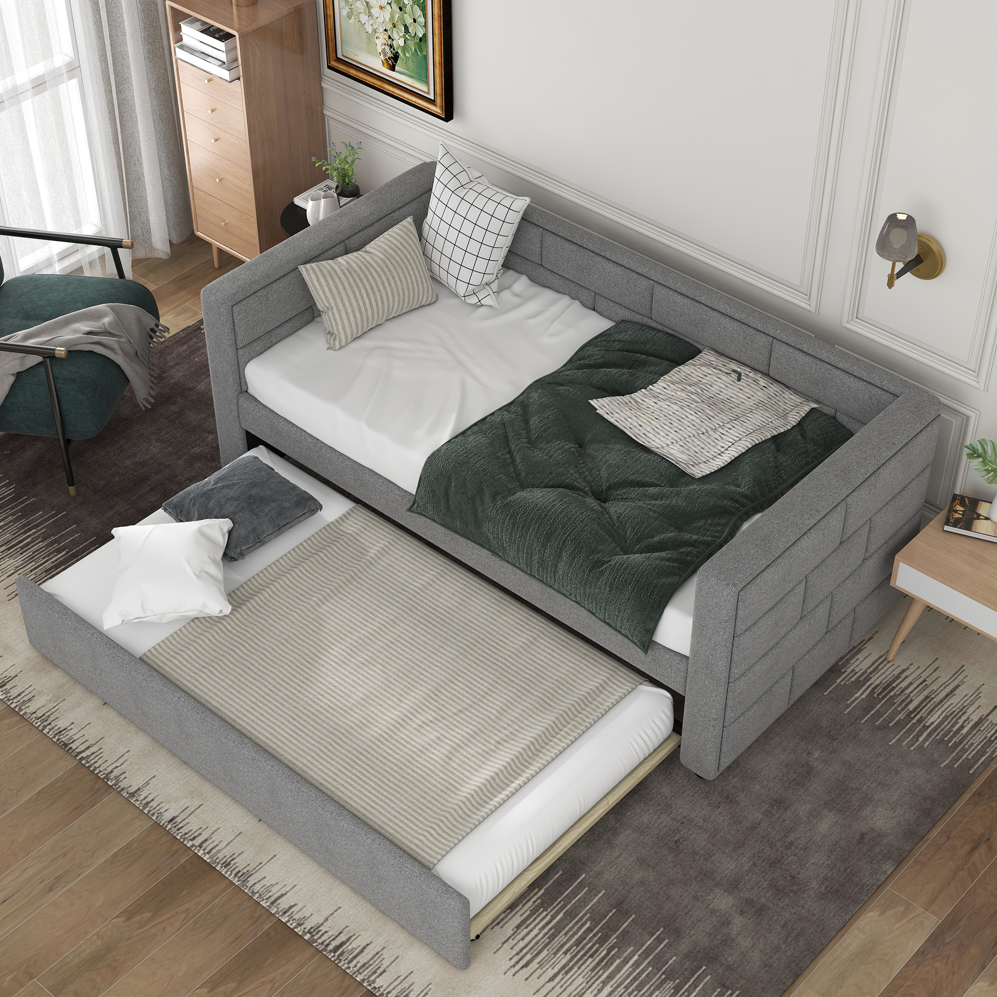 Twin Size Upholstered Daybed with Trundle and Padded Back - Bedroom Furniture - Gray - image 1 of 10