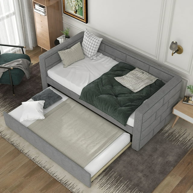 Twin Size Upholstered Daybed with Trundle and Padded Back - Bedroom Furniture - Gray
