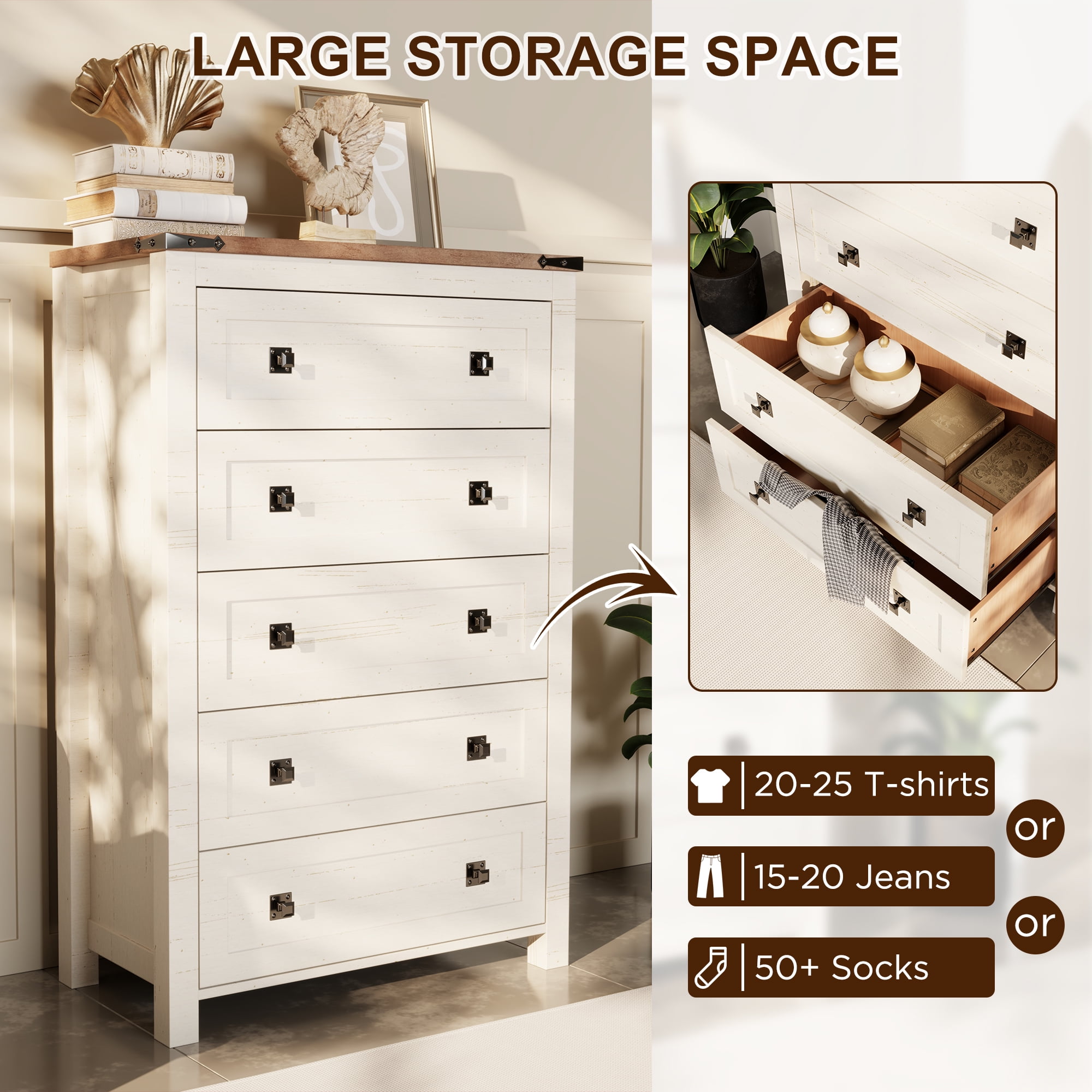 Keywhat Farmhouse 5 Drawer Dresser for Bedroom, Chest of Drawers Wood Organizer for Living Room, Antique White