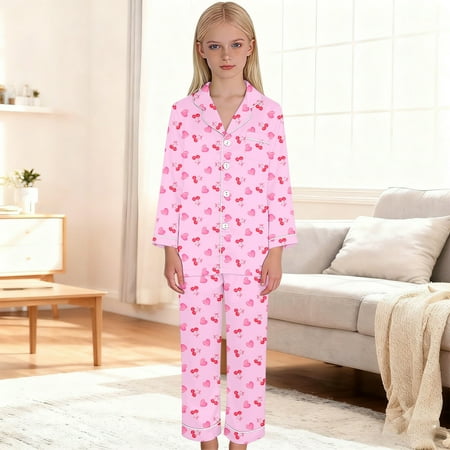 ZHOGXU Big Kids Girls Pajama Sets Long Sleeve Lapel Cherry And Heart Print Top And Pants Sleepwear Comfortable Two Piece Outfits For Daily Wear Light Pink 7-8 Years