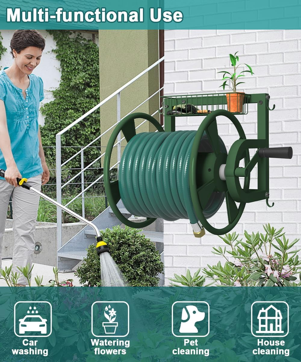 Outdoor Wall Mounted Hose Reel with Hook, Garden Heavy-Duty Water Holder Winder with 3.9 ft Leader Hose, Brass Fitting and Storage Basket for Yard, Holds 125 Ft of 5/8-Inch Hoses, Green
