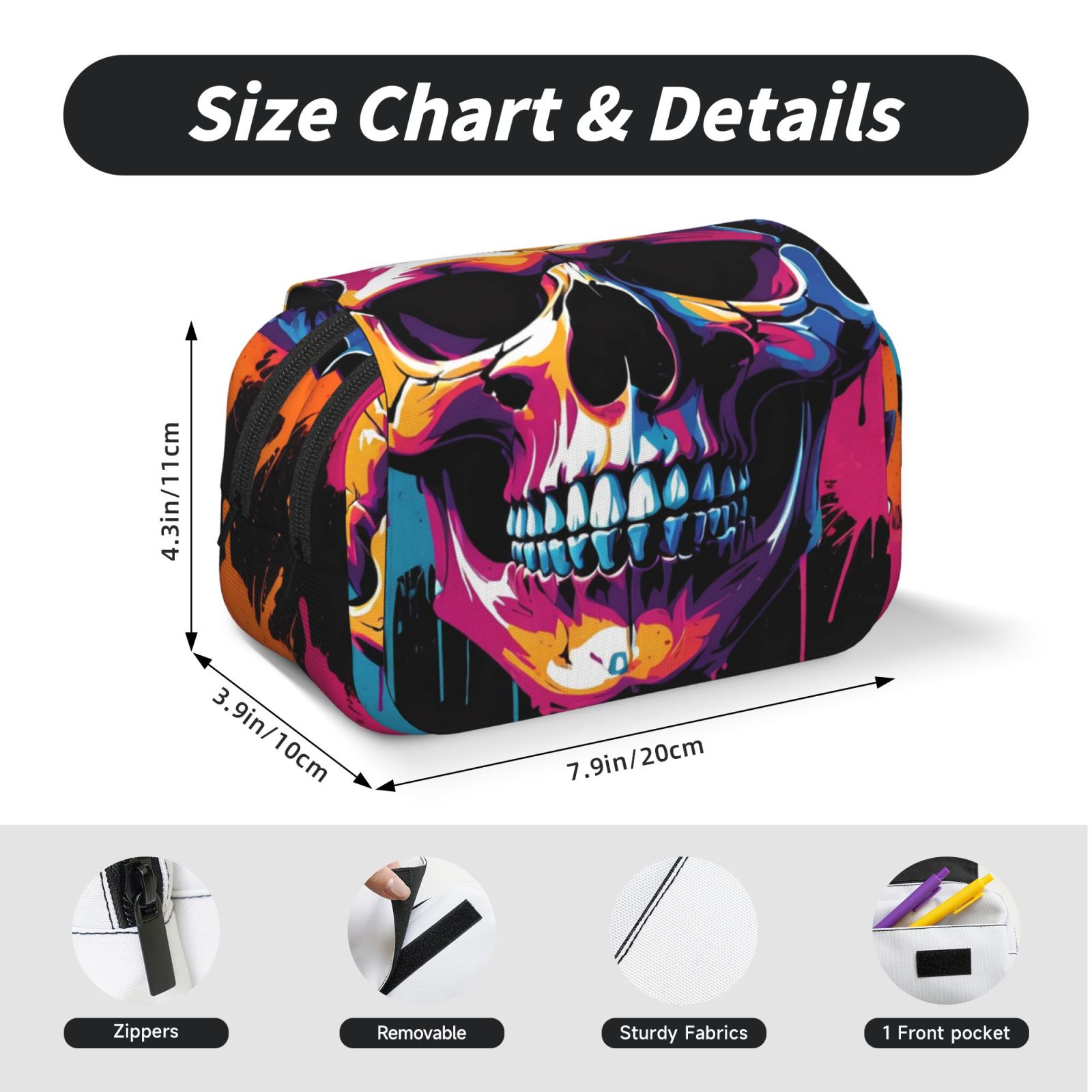 Rateoe Colorful Skull Pattern Double Clamshell Pen Case, Storage Organizer with Two Zipper Compartments– Holds Up to 50 Pencils & Pens