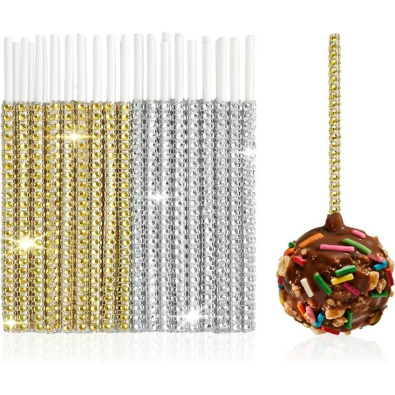 36pcs Bling Cake Pop Sticks, Glitter Gold Silver Lollipop Candy Apple Paper Skewers, Cupcake Treat Toppers for Chocolate Fruit Dessert Wedding Birthday Party Christmas