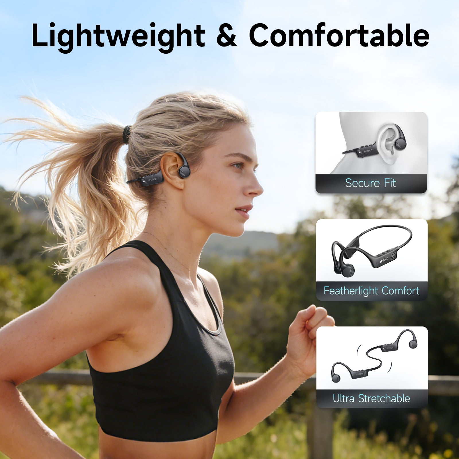 IFECCO Open Ear Bone Conduction Headphones, Wireless Bluetooth Headset with Built-in Microphones, 10Hr Playtime, Waterproof Sports Headphones for Running Workout Gym,Black