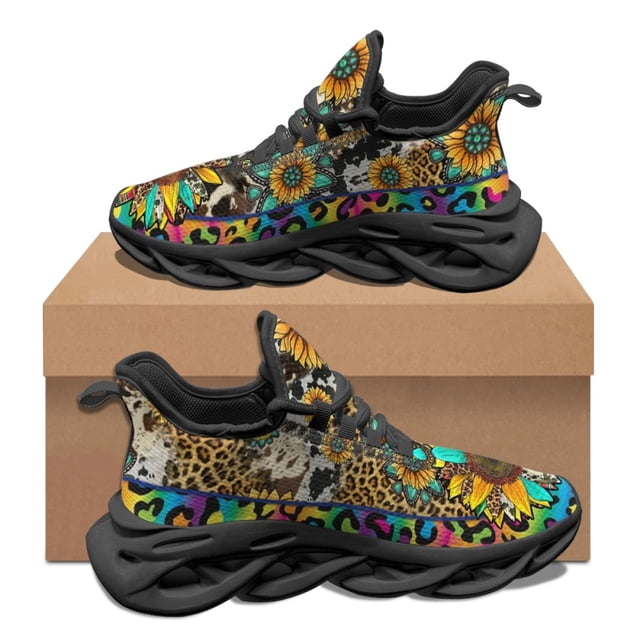 Zapatillas deportivas para correr con estampado de leopardo y girasol en color rosa, cómodas y salvajes para hombre, zapatillas de plataforma con suela suave de alta calidad para mujer