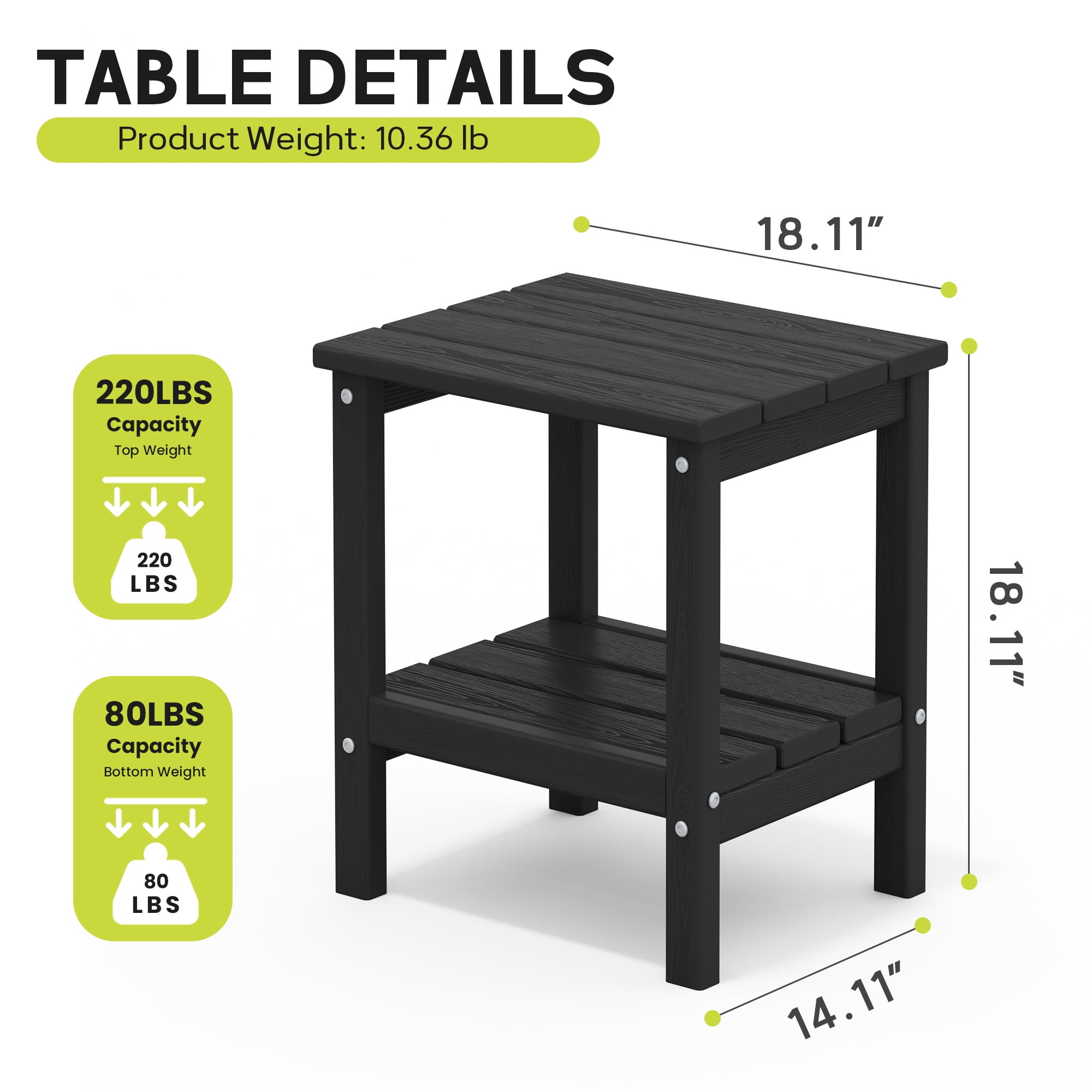 FUNDAZE HDPE 2-Layer End Table for Living Room, Outdoor Side Table, Patio Small End Table, Black