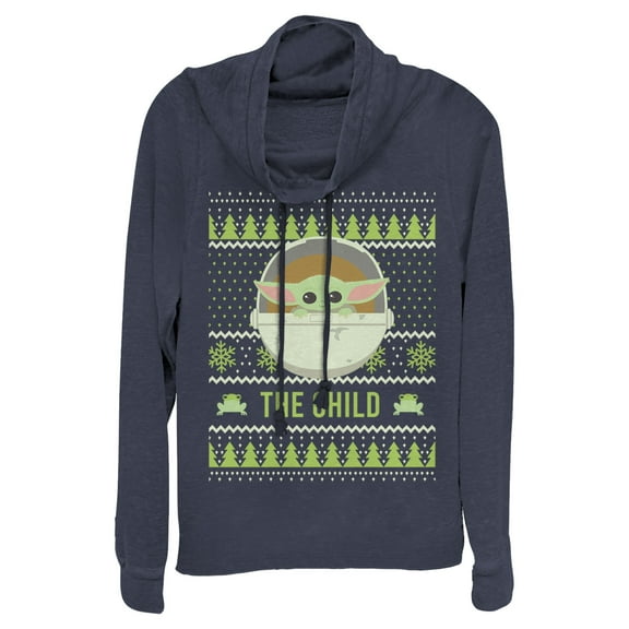 Junior's Star Wars: The Mandalorian Ugly Christmas The Child Frog Cowl Neck Sweatshirt Navy Blue X Large