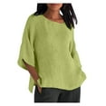 thumbnail image 3 of Linen Tops for Women Loose Fit 2025 3/4 Sleeve Crew Neck T Shirts Summer Solid Color Gauze Top Side Split Blouse Tops, 3 of 7