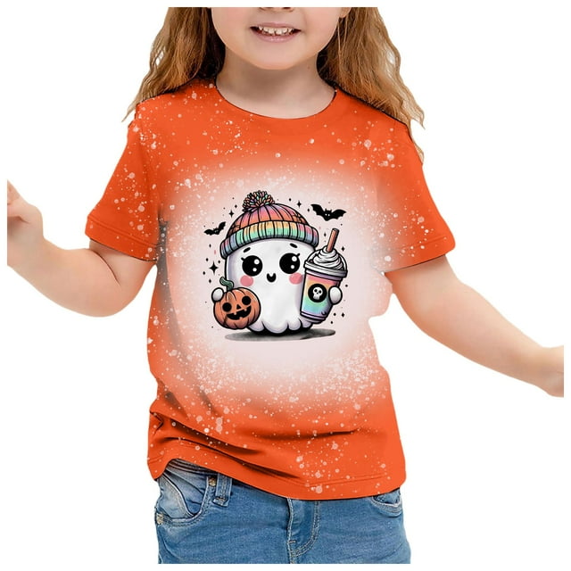 GDREDA Mignon Halloween T-Shirt à Manches Courtes Imprimé pour Filles Haut Décontracté à Col Rond pour les Festivités d'Automne Jaune, 8-9 Ans