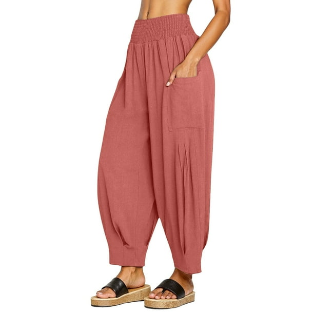 Pantalones boho harem de lino para mujer: pantalones de cintura alta y pierna ancha con bolsillos, cintura elástica con cordón, tallas S-XXXL