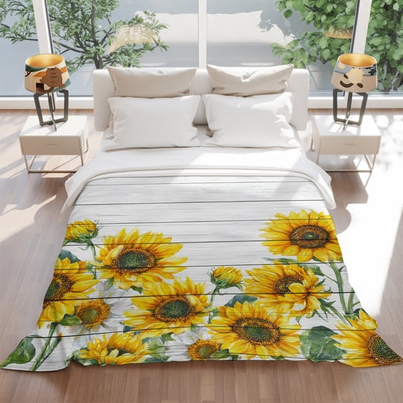 Flannel Fleece Throw Blankets Watercolor Sunflower Throws Blankets, Farm Gray Wooden Lightweight Soft Warm Blanket for Couch Sofa Bed Living Room All Season Use, 60x80in