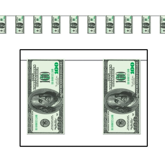 Club Pack of 12 Green and Black Hundred Dollar Bills Party Pennant Banner Decors 12'