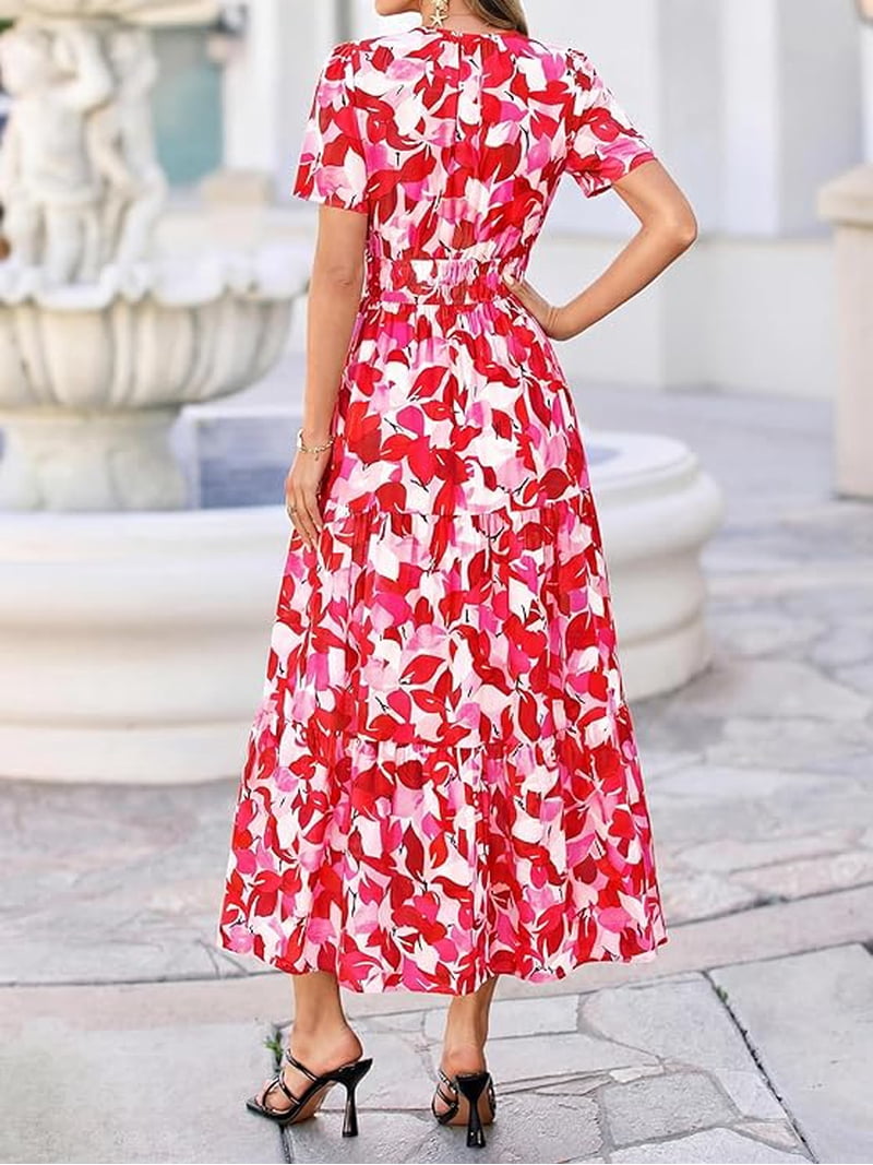 boho maxi wedding guest dresses Btfbm Womens Summer Floral Maxi Dresses V Neck Short Sleeve Boho Casual Flowy Long Wedding Guest Dress Beach Vacation, Women's, Size: XL, Red