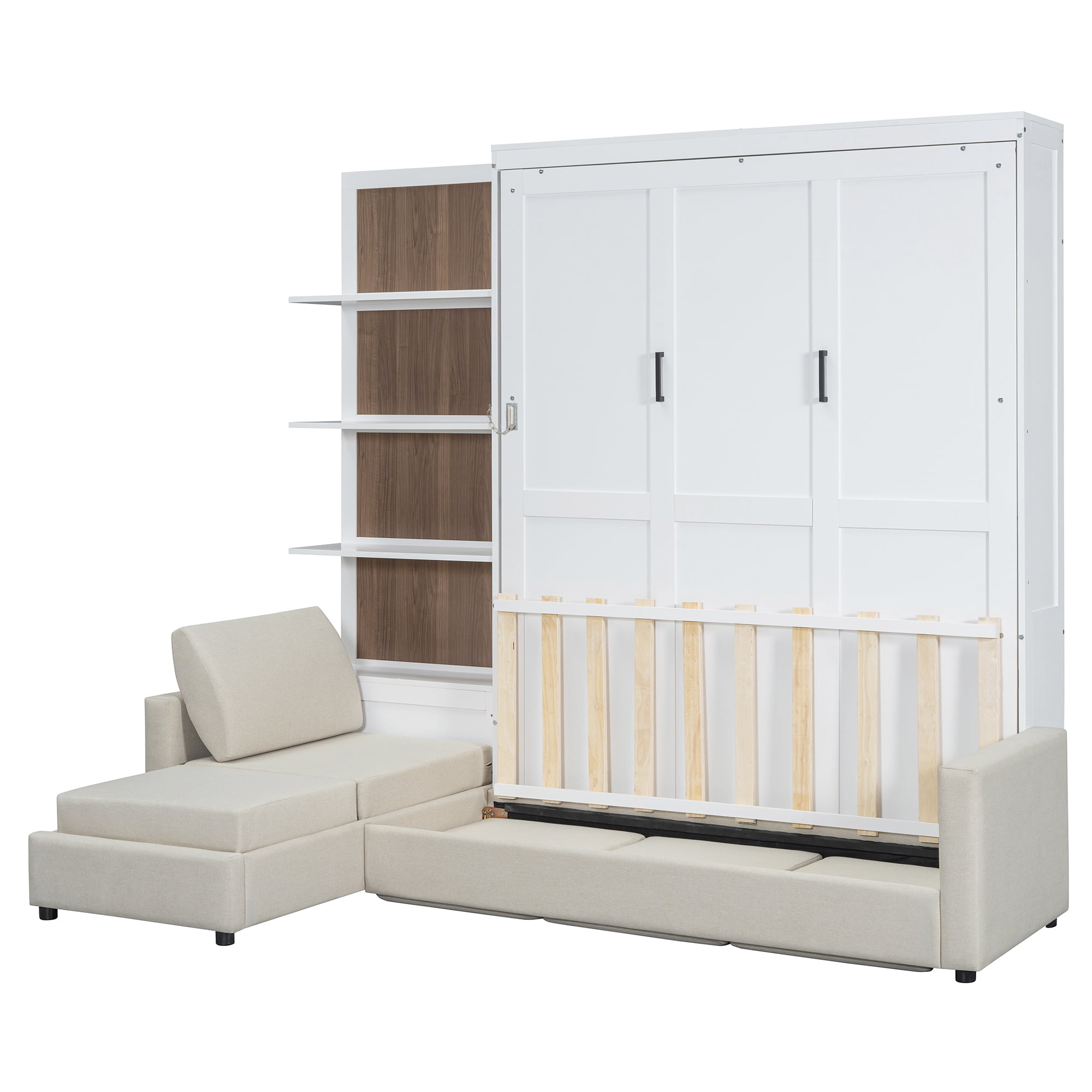 Mintazer Queen Size Murphy Bed with L-Shaped Sectional Sofa & Open Storage Shelves, Foldable Wall Cabinet Bed for Guest Room Home Office Studio Apartment, White