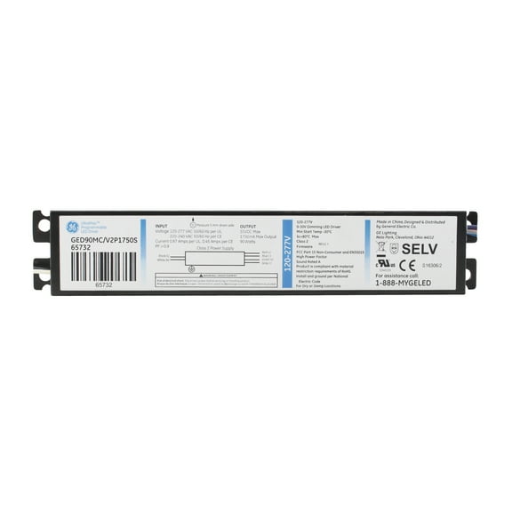 GE GED90MC/V2P1750S 65732 Dimmable LED Driver, 0-10V, 90W, 55Vdc, 1750mA, 120/277V