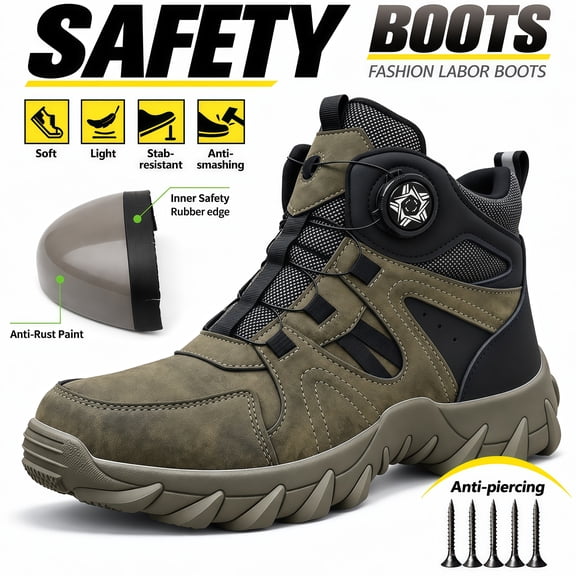 XQJ Men’s Steel Toe Work Boots Slip Resistant Water Resistant Safety Boots for Industrial Work and Hiking Army Green