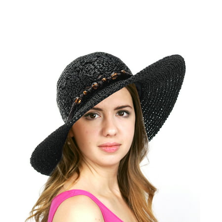 NYFASHION101 Women's Open Weaved Crushable Sun Hat w/ Beaded String Trim,