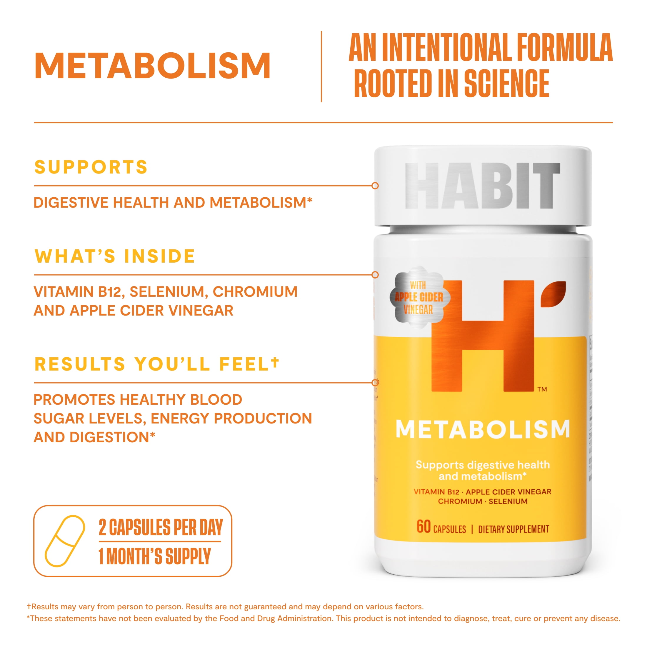 HABIT Metabolism Supplement, Supports Digestive Health, B12, Apple Cider Vinegar, Chromium, 60 Capsules
