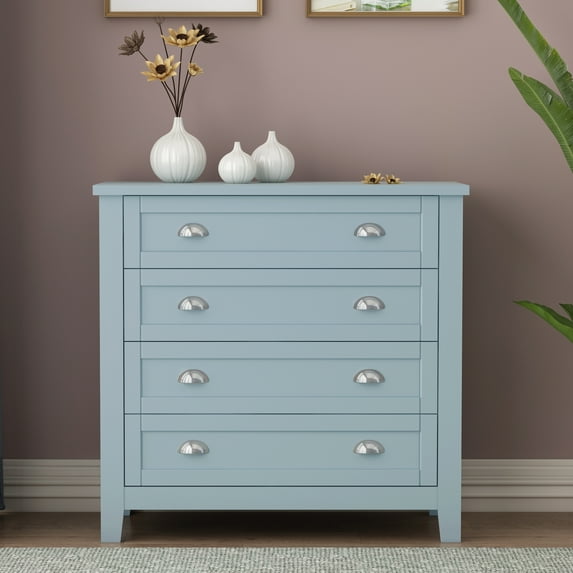 Dresser for Bedroom, Rustic Storage Cabinet Buffet Table with 4 Drawers and 8 Metal Handles, Wood Side Table Console Table with Solid Legs for Living Room, Bedroom, Kitchen, Blue