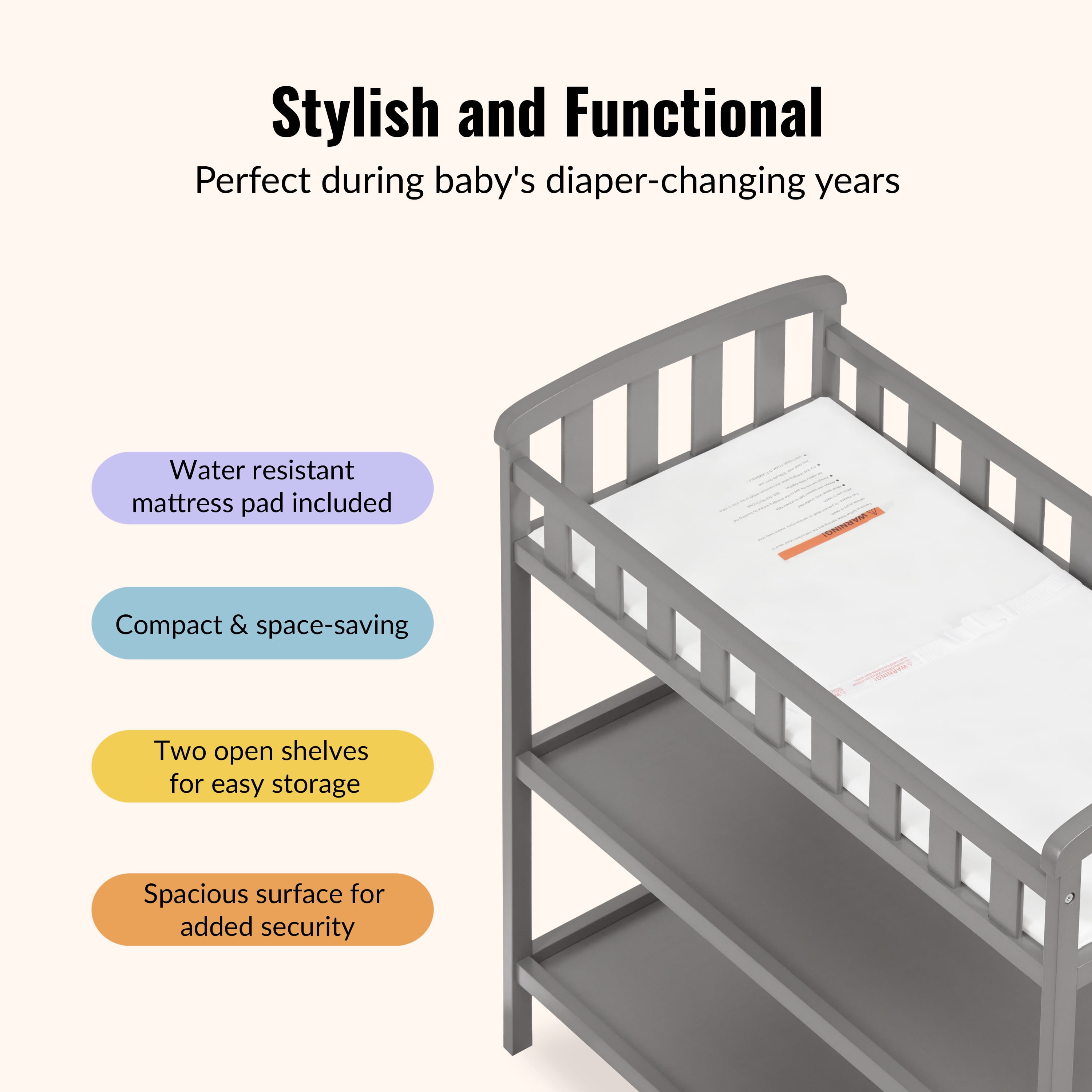 Dream On Me Emily Changing Table with Safety Rail for Infants, Steel Grey, Pine Wood