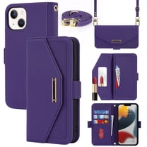 Compatible with iPhone 14 Wallet Case, Premium PU Leather Card Slots Removable Adjustable Crossbody Strap Magnetic Leather Case with Kickstand & Make-up Mirror for iPhone 14 6.1", Purple