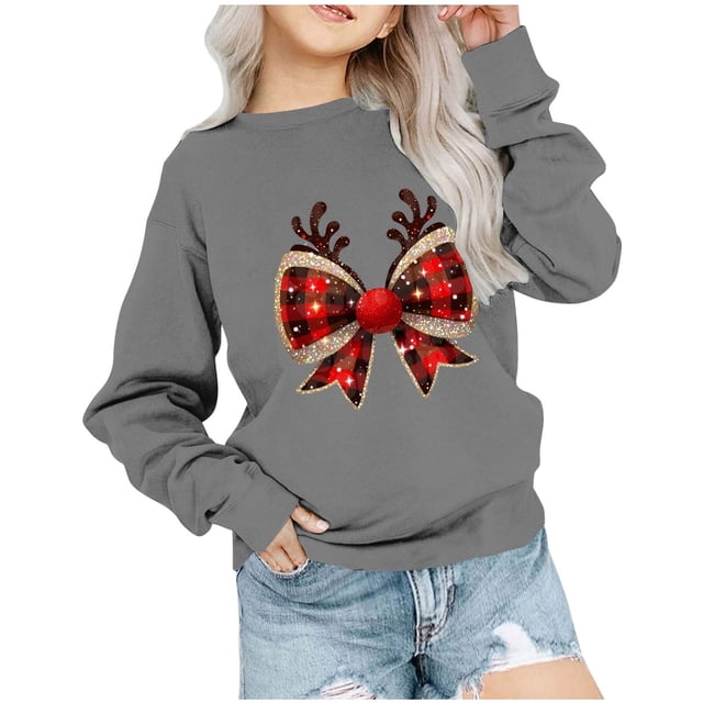 Chemises de Noël Garçons Filles à Carreaux Nœud Papillon Chandails en Molleton Graphiques Col Rond Manches Longues Chandail Tops (1-2 Ans, Gris)