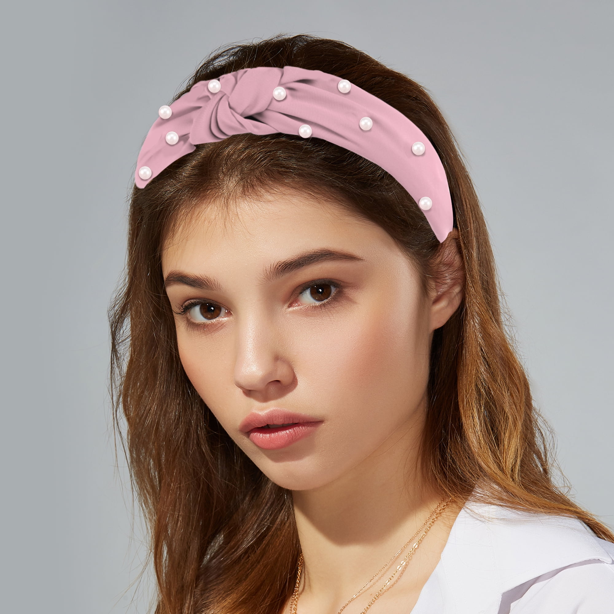 Unique Bargains 1 Pcs Satin Knotted Pearl Headband Hairband for Women 1.1 Inch pink