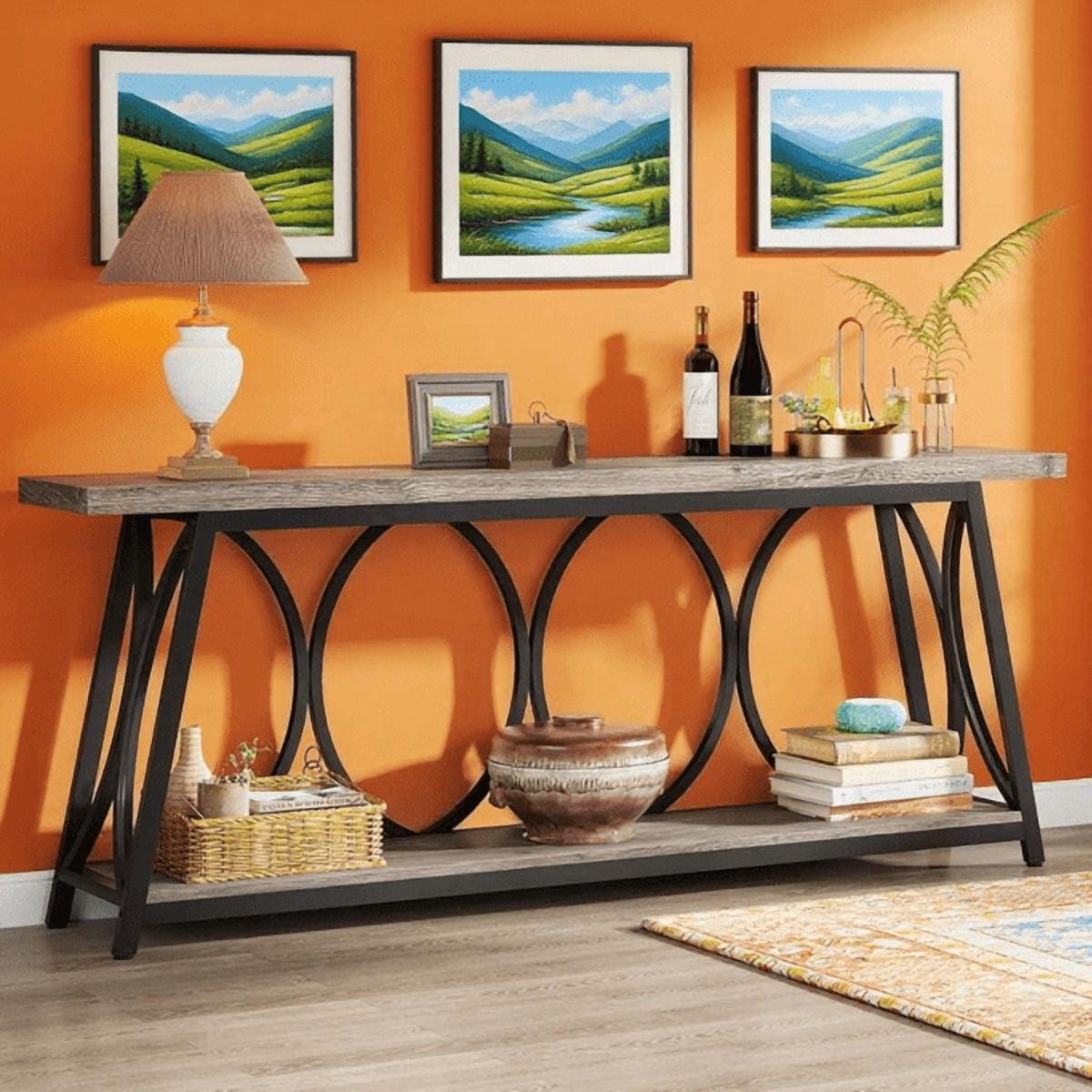 70.9" Vintage Rustic Console Table - Wood & Black Metal, 1.57" Particle Board with Bottom Shelf, 230lb Capacity for Living Room, Entryway, Behind Couch, Hallway