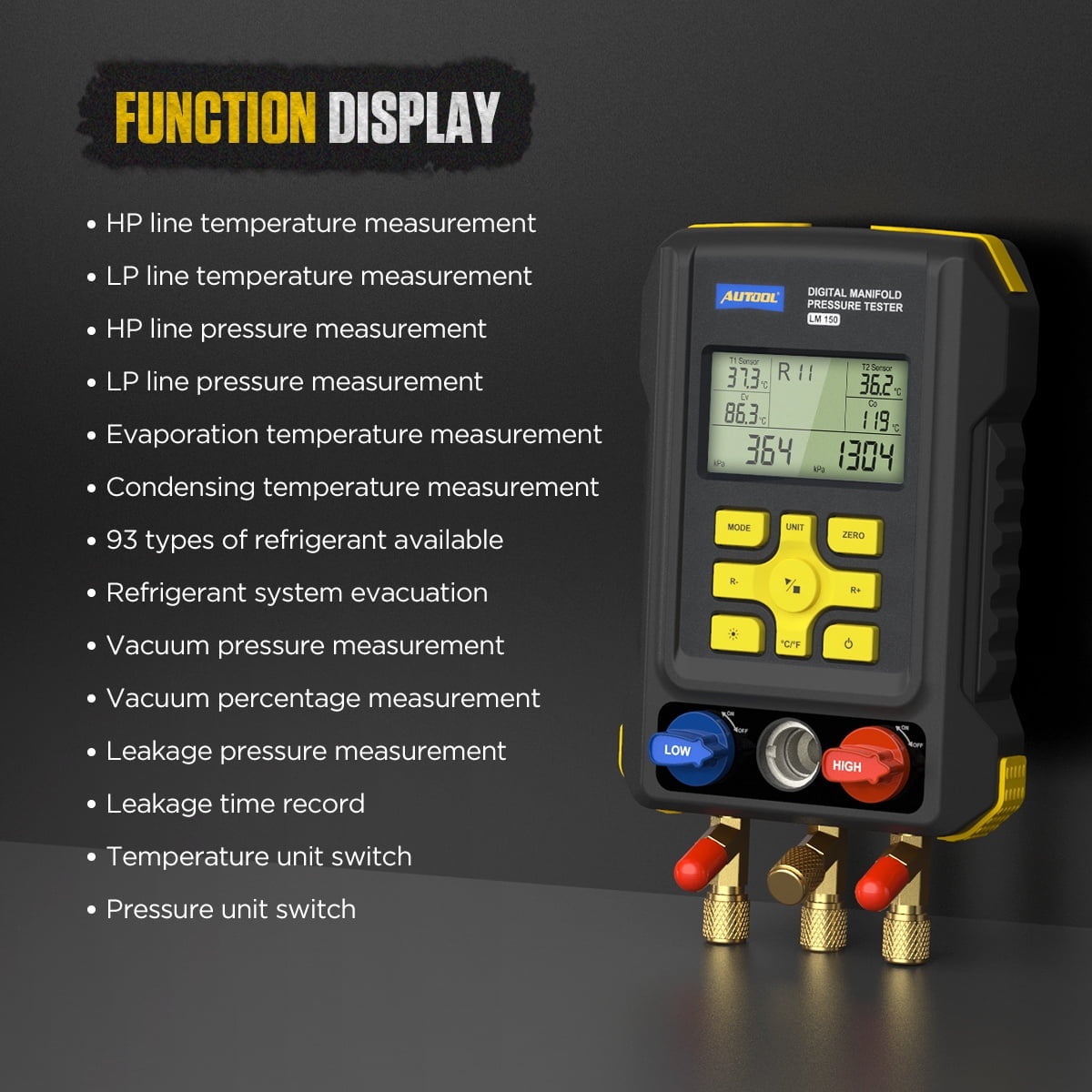 AUTOOL HVAC Refrigeration Digital Manifold Gauge Kit Vacuum Pressure Gauge Set Air-Conditioning Refrigerator Leak Detector W/ 93 Types R134a R410a Refrigerant ect, LM150