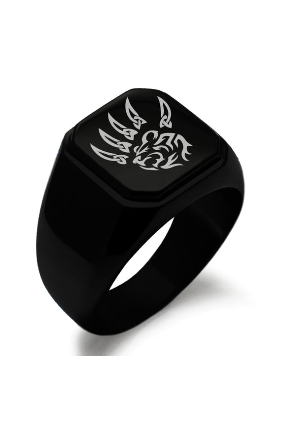 Stainless Steel Ferocious Bear Claw Engraved Square Flat Top Biker Style Polished Ring