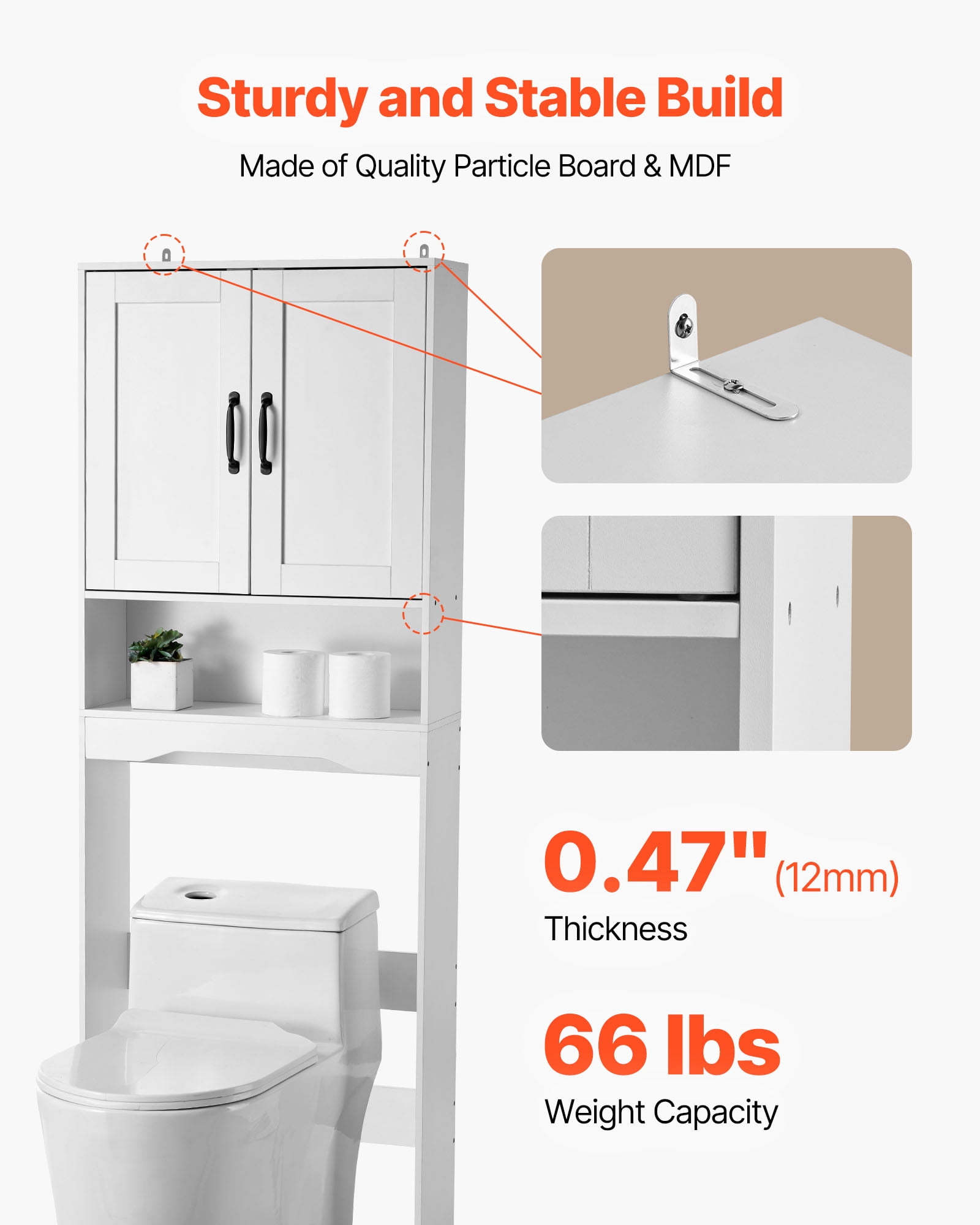 VEVOR Over The Toilet Storage Cabinet, 65 in Height Bathroom Storage Organizer with Double Door and Adjustable Shelf, Bathroom Space Saver Organizer Above Toilet with Open Shelf, White